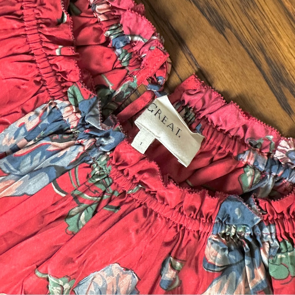 THE GREAT. Red Floral Puff-Sleeve silk Blouse - Picture 5 of 10